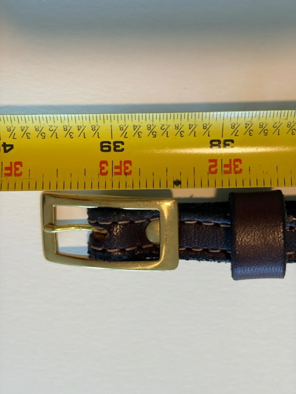 Handcrafted Brown Leather Skinny Belt Gold Buckle Artisan Made 40